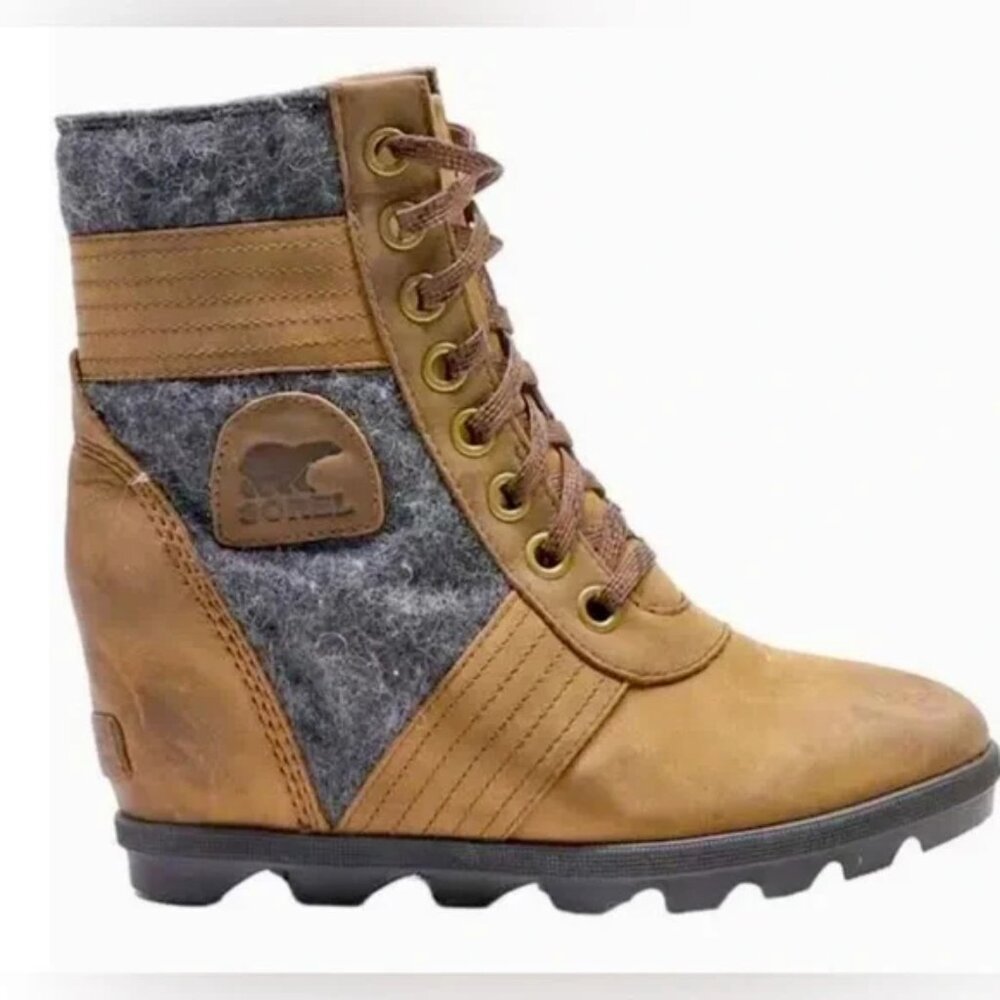 Sorel Women's Lexie Felt Gray & Camel Brown, Leather Wedge plaform Ankle Bootie